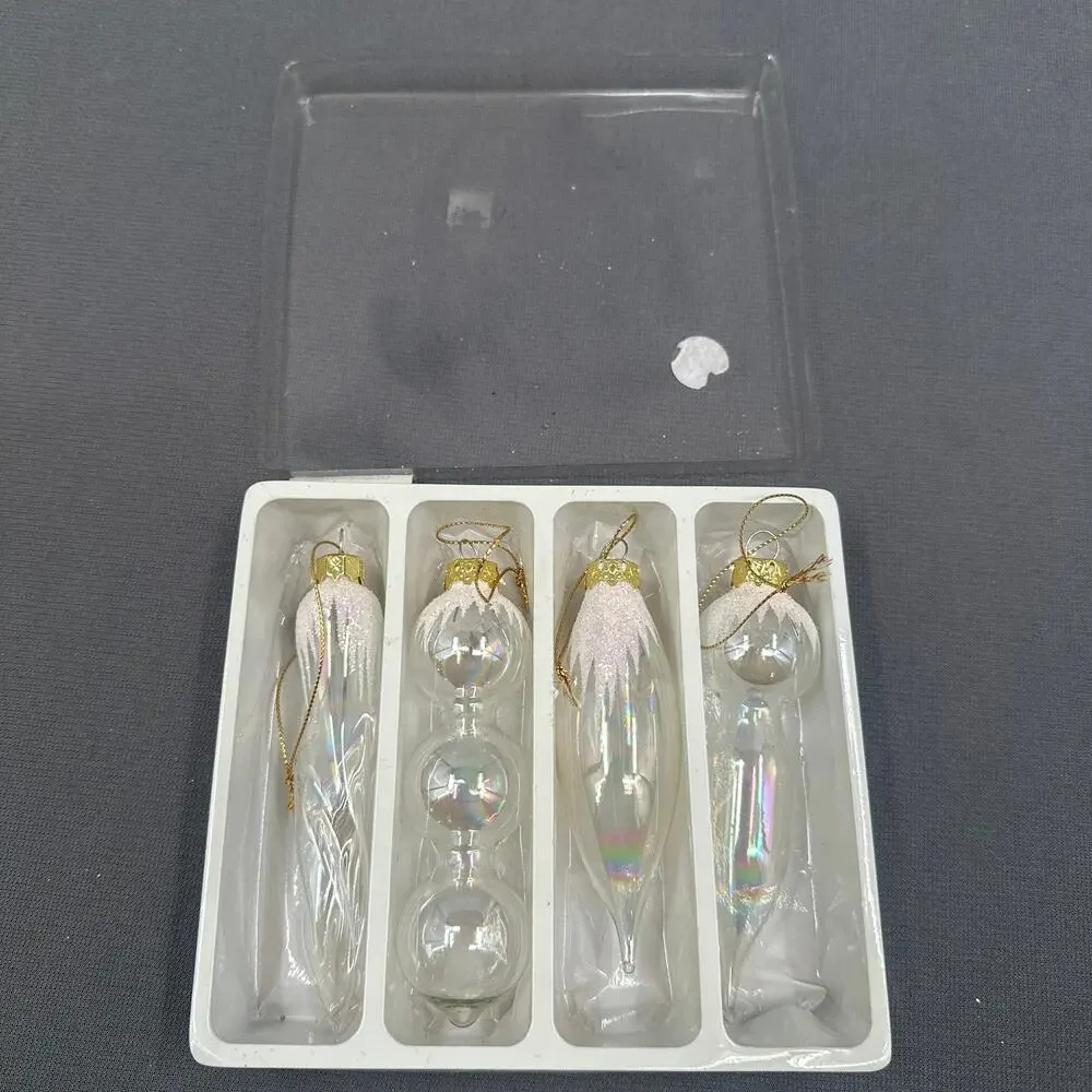 VTG Blown Glass Icicle Christmas Ornaments Clear Iridescent Glitter 4 pc Glam